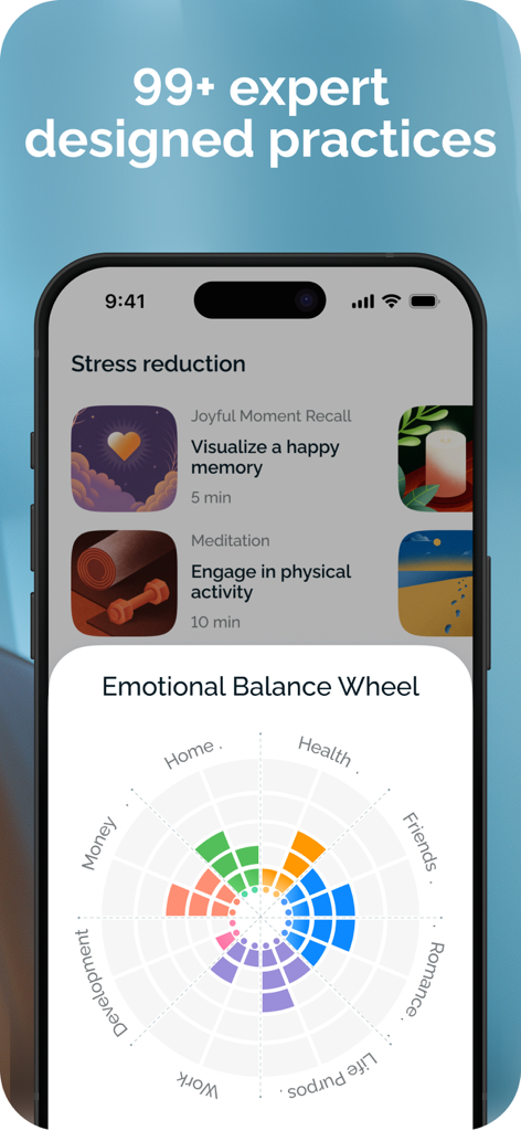 Dzeny: AI Mental Wellbeing - Dzeny app interface showing an emotional balance wheel and stress reduction practices