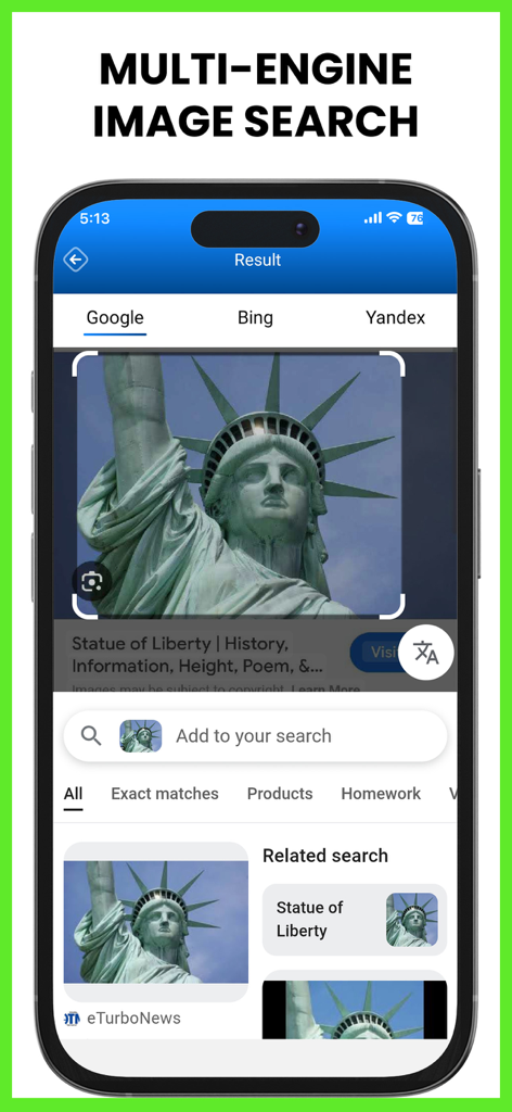 Smartphone interface showing multi engine reverse image search results for the Statue of Liberty using Google Bing and Yandex