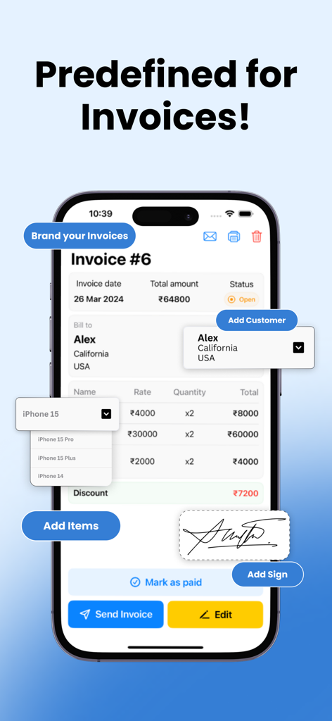 Eine mobile Benutzeroberfläche der Invoice Maker App, die eine Rechnung mit Feldern für Kundeninformationen, Artikellisten und einen digitalen Signaturbereich anzeigt.