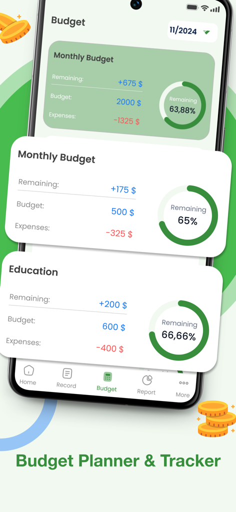 Mobile app interface of Coiny showing monthly budget and education expense categories with visual progress rings and remaining balance.