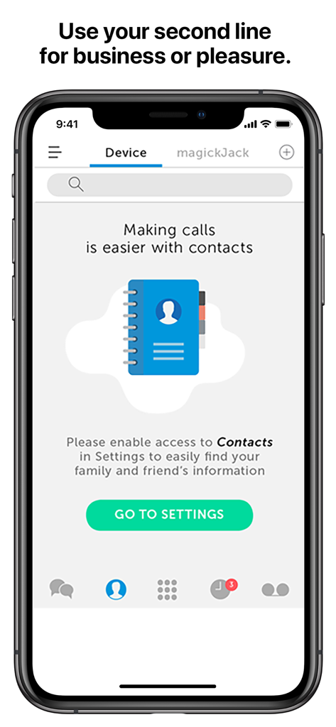 Interface magicApp montrant une deuxième ligne téléphonique pour le travail ou les loisirs avec une invite pour activer les contacts