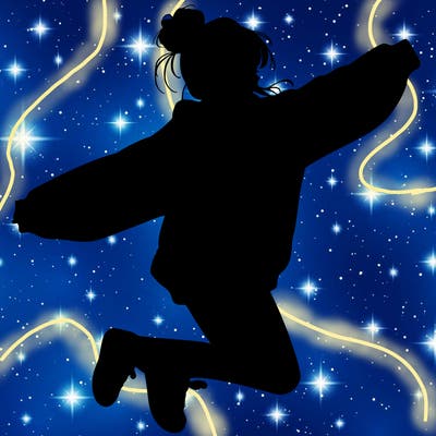 realistic girl jumping with a bun and oversized sweatshirt