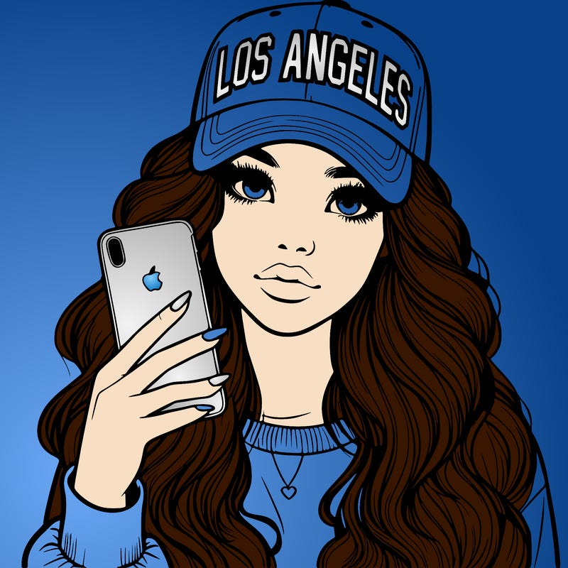realistic beautiful girl wearing los ángeles cap holding an iphone
