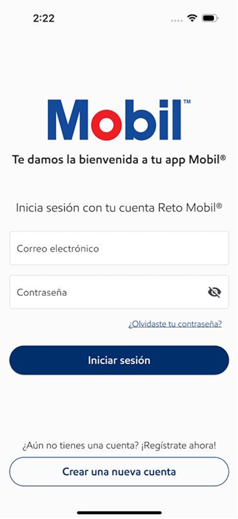Schermata di accesso per l'app Mobil con campi per email e password e un'opzione per creare un nuovo account.