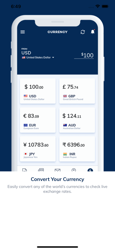 A interface do conversor de moeda do aplicativo SmartTrips mostrando taxas de câmbio em tempo real entre USD e várias moedas internacionais.
