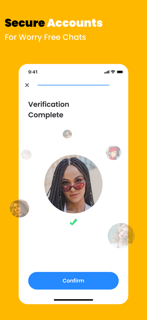 Yolo: Video Chat, Live Stream - Yolo app user verification screen showing a profile picture with a green checkmark for secure accounts