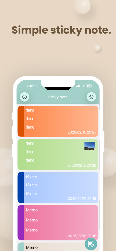 Widgets Sticky Note - Mobile app interface displaying a list of colorful sticky note memos