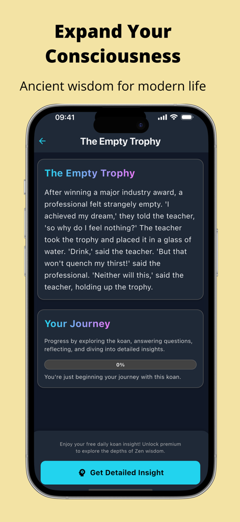 Zen Daily: Buddhism Practice - Pantalla de la app Zen Daily que muestra un koan budista y una barra de progreso del viaje de atención plena.