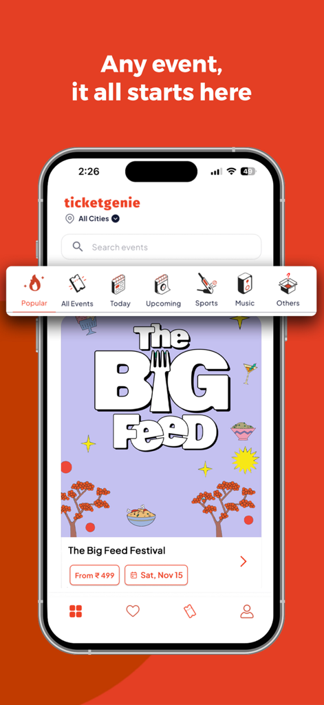 Ticketgenie App - Ticketgenie app home screen displaying event categories and a featured food festival