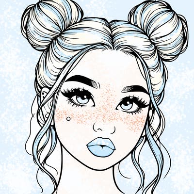 realistic girl with two buns on her hair and lips
