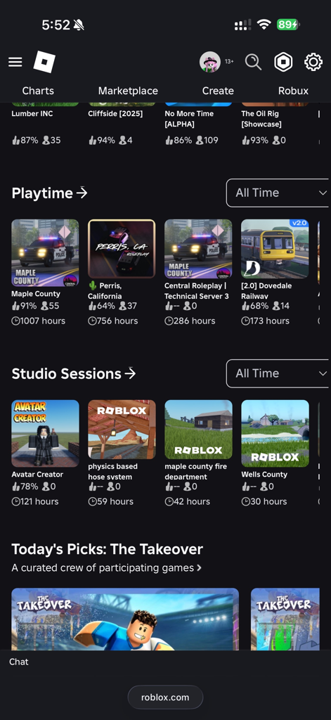 RoQoL - RoQoL app dashboard displaying playtime and studio session statistics for Roblox games