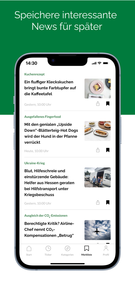 Hanauer Anzeiger News app showing the saved articles in the bookmark section