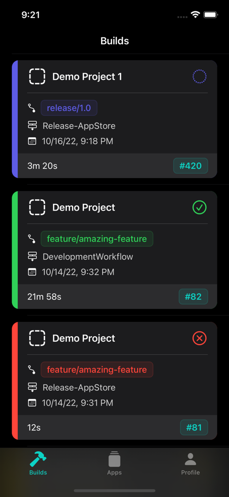 Botrise app screen showing a list of project builds with success and failure status indicators