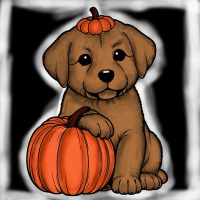 a realistic puppywith a pumpkin on his head
