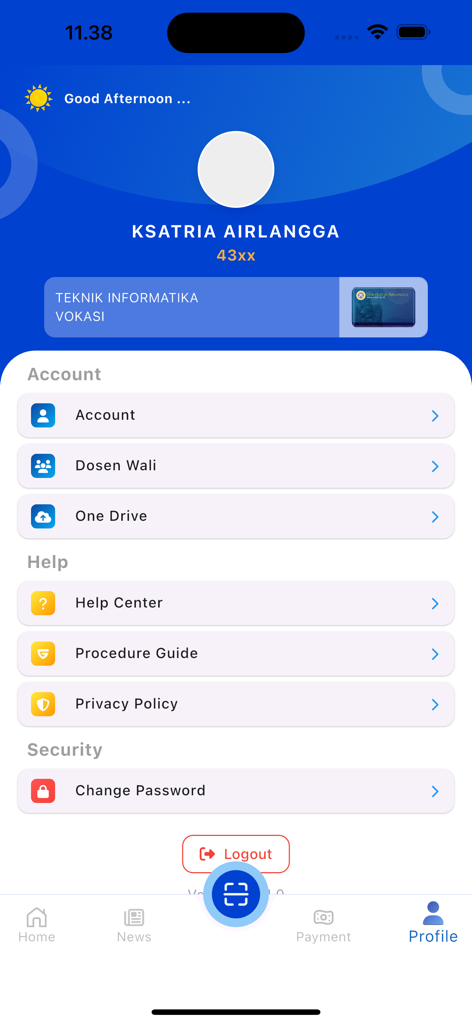 Kampus Kita Mahasiswa - User profile screen of the Kampus Kita Mahasiswa app showing student account details and settings.