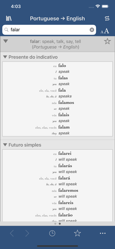 Portuguese verb conjugation for the word falar in the Collins dictionary app