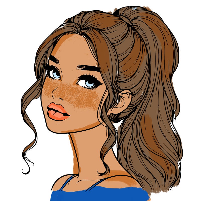 realistic girl with a ponytail on her hair and lips