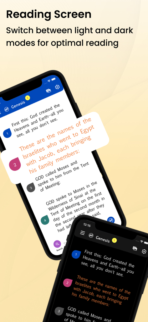 Reading interface of the Message Bible app showing light and dark mode options on smartphone displays