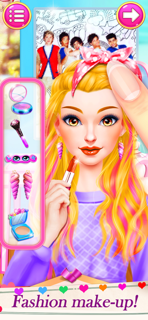 Makeup Games Girl Game for Fun - Uma personagem feminina recebendo uma maquiagem de batom em um jogo de maquiagem de moda