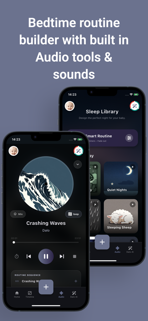 My Nap Plan: Baby Sleep Coach - Two iPhone screens showing the sleep library with various sound options and a music player interface playing crashing waves for a baby bedtime routine.