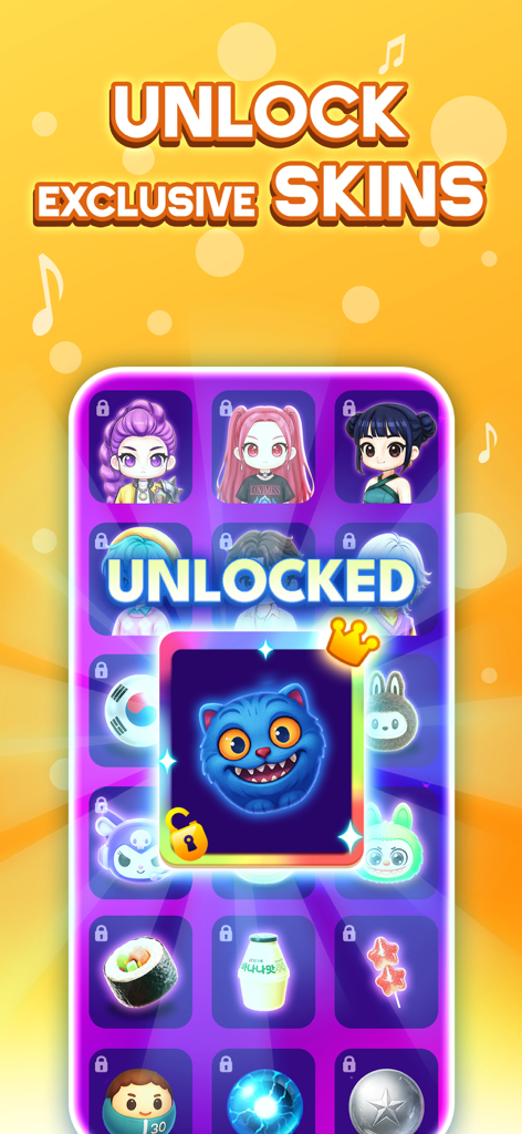 Demon Hop: Ball & Music Game - Demon Hop音楽ゲームのメニュー。青いデーモン猫を含む、様々なアンロック可能なキャラクターやアイテムのスキンが表示されています。