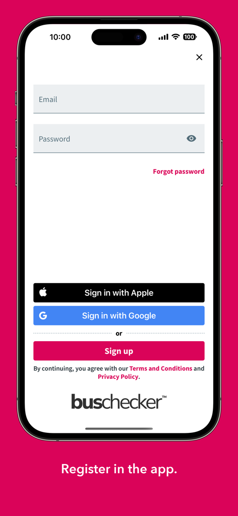 UK Bus Checker app registration screen with social sign-in options