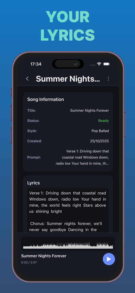 Interfaz de la aplicación Make music AI que muestra información de la canción, letras personalizadas y un reproductor de forma de onda para una balada pop generada titulada Summer Nights Forever.
