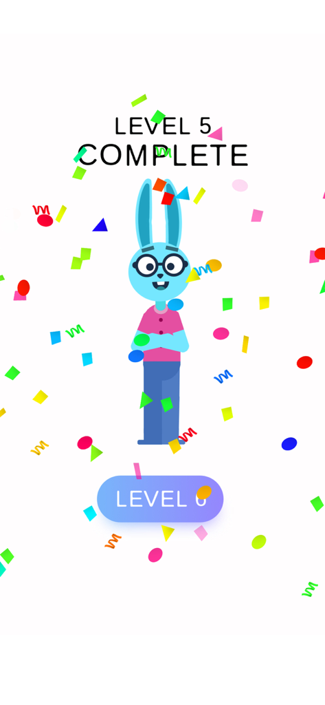 Pantalla de nivel completado con un conejo azul de dibujos animados y confeti de colores