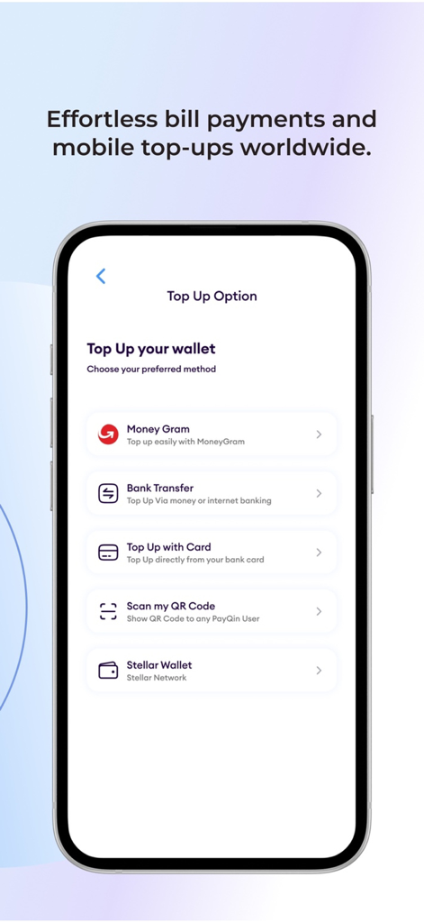 PayQin mobile app interface showing wallet funding options including MoneyGram, bank transfer, card payments, and Stellar crypto wallet.