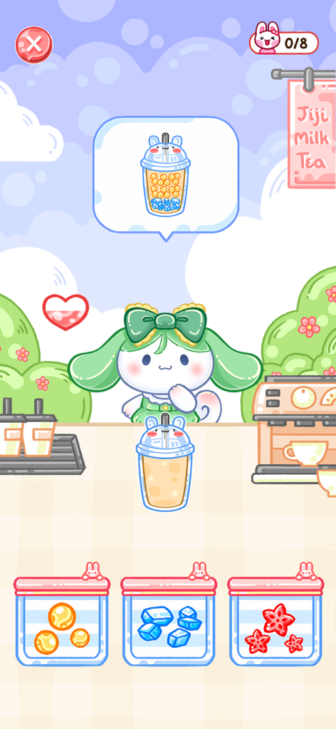 Kawaii character preparing a custom boba milk tea in the Jiji Milk Tea minigame