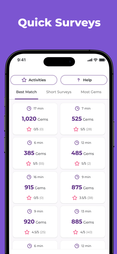 Playstorm - A mobile interface of Playstorm app displaying a list of available surveys with estimated completion times and gem rewards
