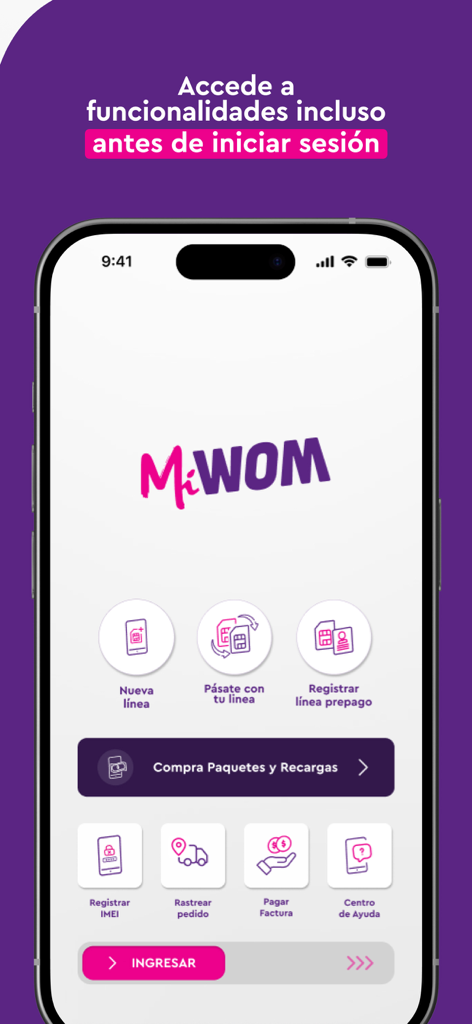 Mi WOM - Smartphone screen showing the Mi WOM app menu with options to buy packages, pay bills, and register new lines.