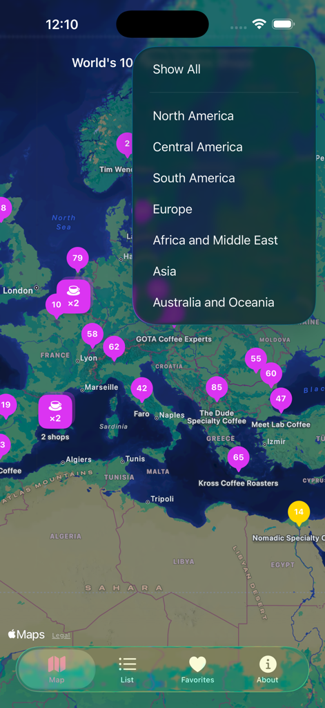 World's 100 Best Coffee Shops - World map screen with ranked coffee shops and a dropdown menu to filter by continent