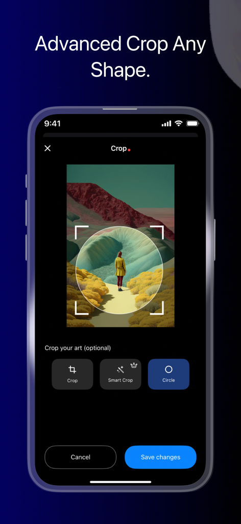 ArtStageで作品の円形切り抜きを行う高度な機能を示すモバイルアプリ画面