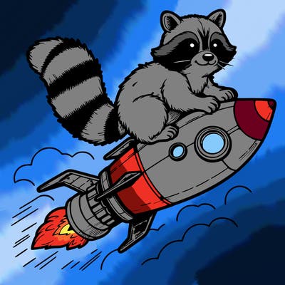 realistic raccoon flying on top rocket ship
