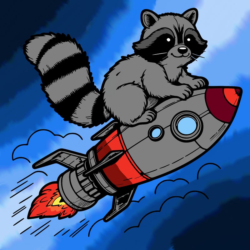realistic raccoon flying on top rocket ship