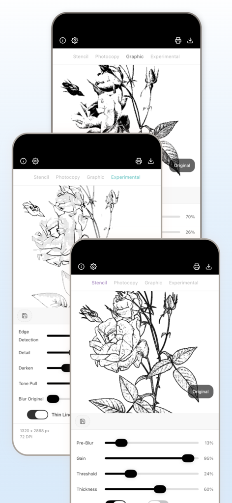 Tattoo Stencil Lab app screens showing stencil adjustments for a rose design.