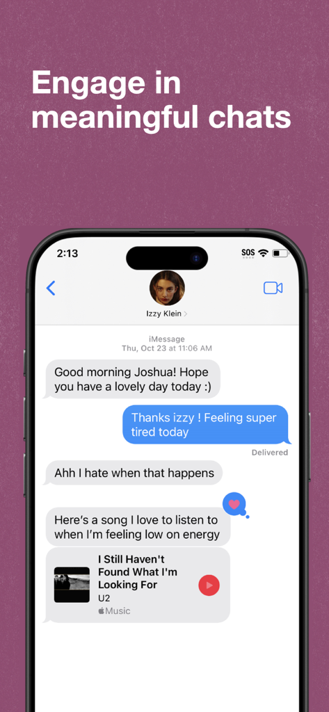 izzy & friends - A screenshot of the Izzy and Friends app showing a supportive chat conversation with an AI companion.