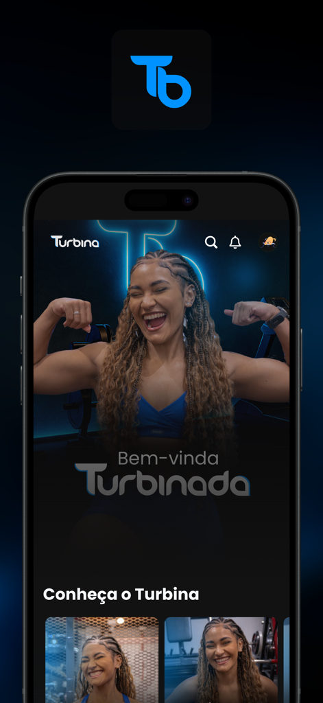 Turbina App - Welcome screen of the Turbina fitness app featuring influencer Afrogaby flexing her muscles with a bright smile