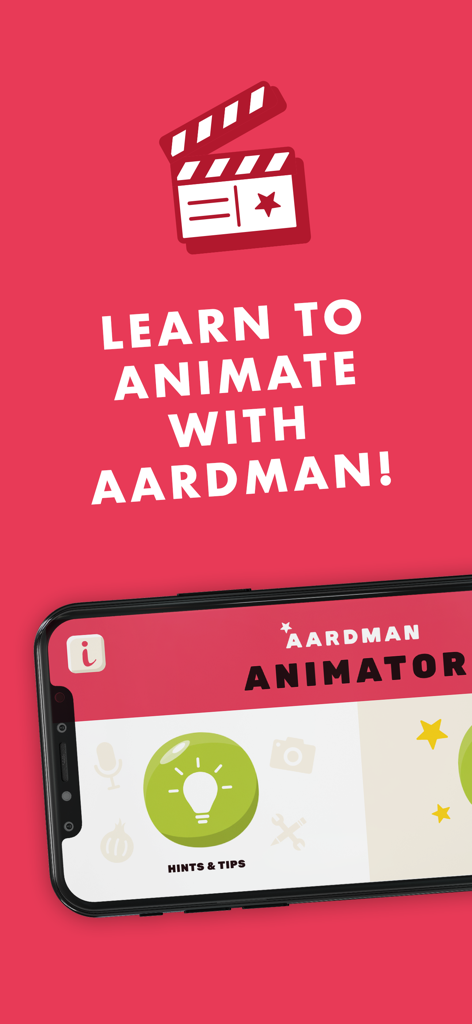 Aardman Animator - Pantalla promocional de la aplicación Aardman Animator con pistas y consejos de animación en un smartphone.