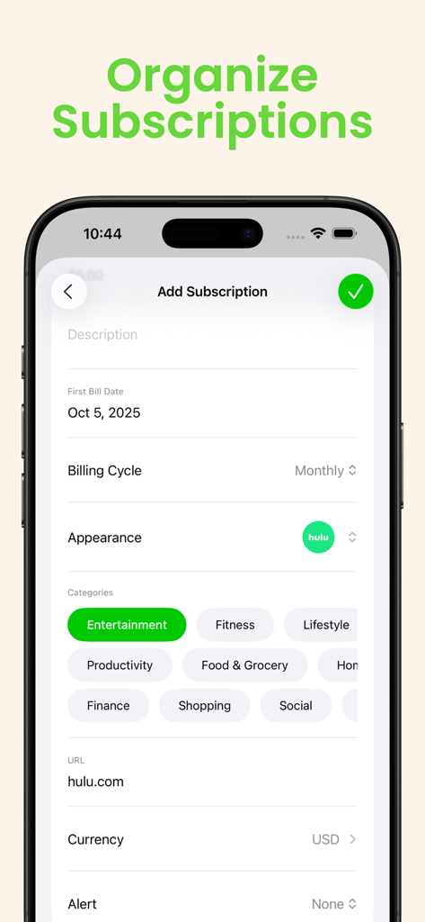The add subscription screen displaying billing cycle and category selection