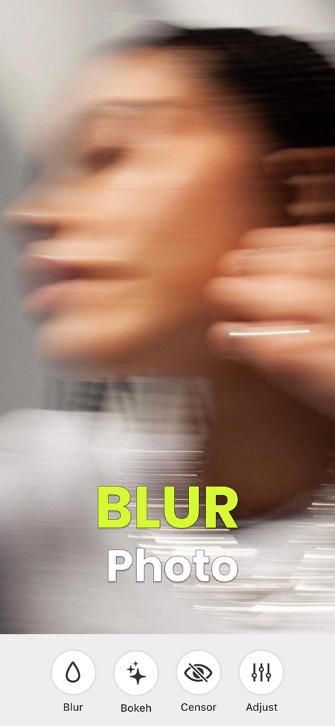 Motion Blur Photo Editor - モーションブラー写真編集アプリのインターフェース。ドリーミーなぼかしポートレートと、ボケや検閲用の編集ツールが表示されています。