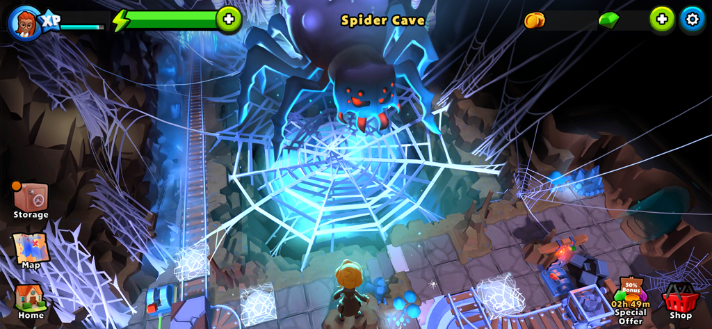 Mystery Town: Adventure games - A detective character confronting a giant glowing blue spider in a cave level