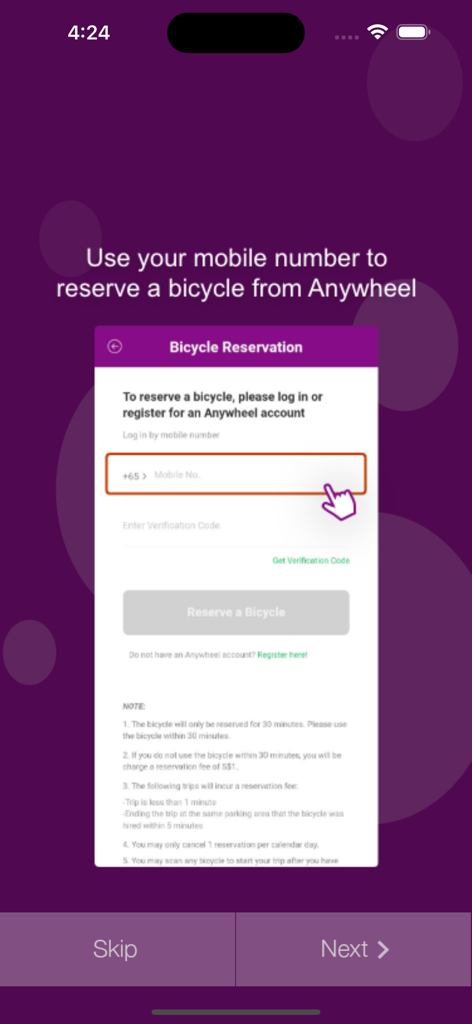 SBS Transit - Bicycle reservation screen in the SBS Transit app featuring Anywheel integration
