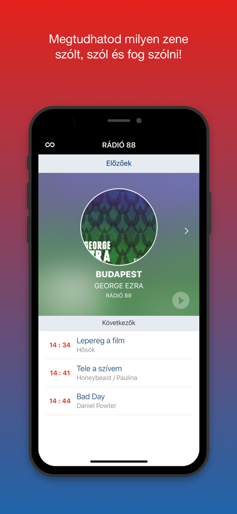 Rádió 88 Szeged - Radio 88 Szeged App-Oberfläche, die den aktuellen Song und die kommende Musik-Playlist zeigt.