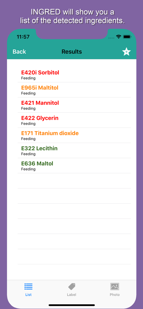 Ingred - Ingred app interface showing a list of detected food additives with color-coded health ratings