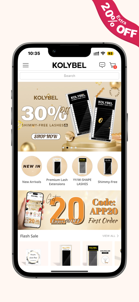 Kolybel Lash - Kolybel Lash app home screen featuring professional eyelash extension supplies and discounts