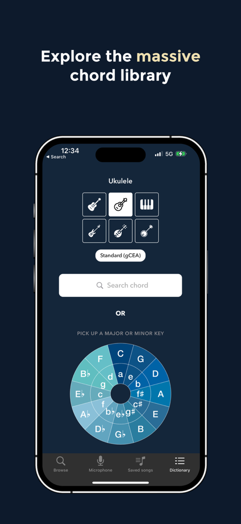 Chord ai - Play any song! - Chord ai app interface showing the massive chord library with an interactive chord wheel and instrument selector for ukulele