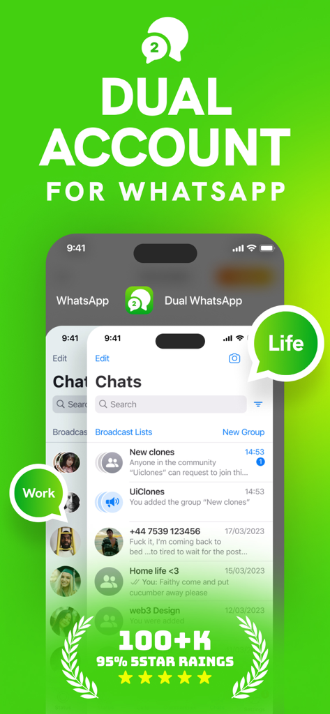 Dual Messenger App-Bildschirm zeigt, wie man zwei WhatsApp-Konten für Beruf und Privatleben auf einem iPhone verwaltet.