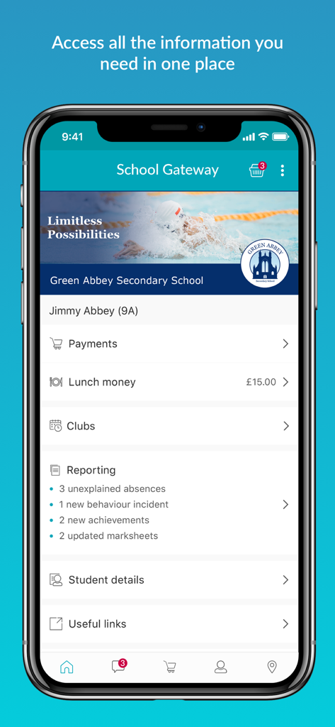 School Gateway - School Gateway mobile app interface showing student reports lunch money balance and school clubs